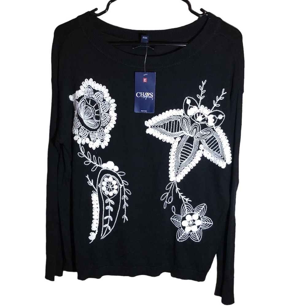 Chaps Black Embroidered Wool Cotton Modal Blend Sweater Women's Medium Petite
